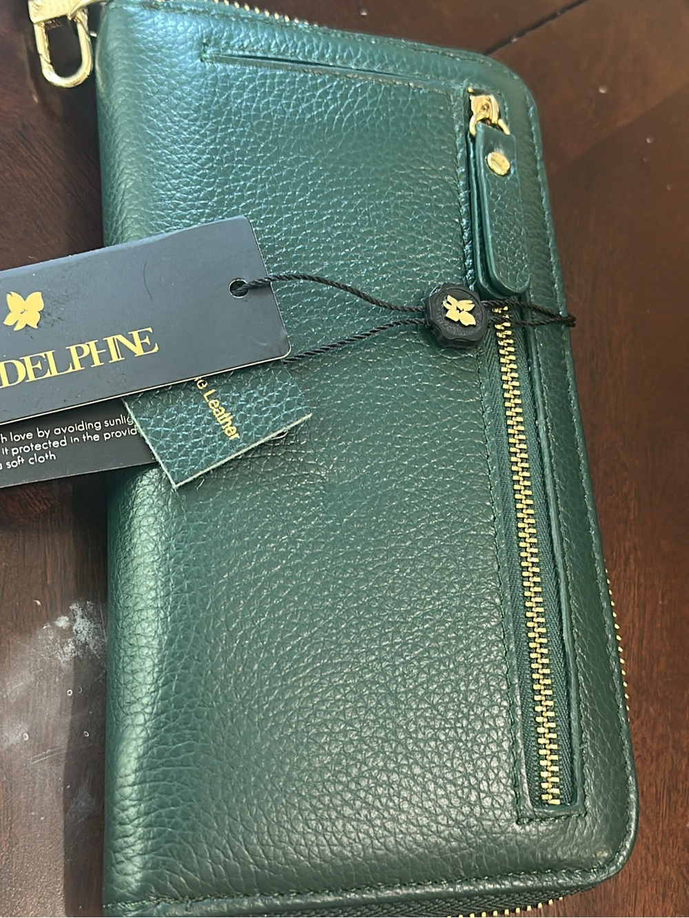 Ora Delphine NWT Emerald Green Pebbled Leather Zip Wallet with Gold  (bags24)